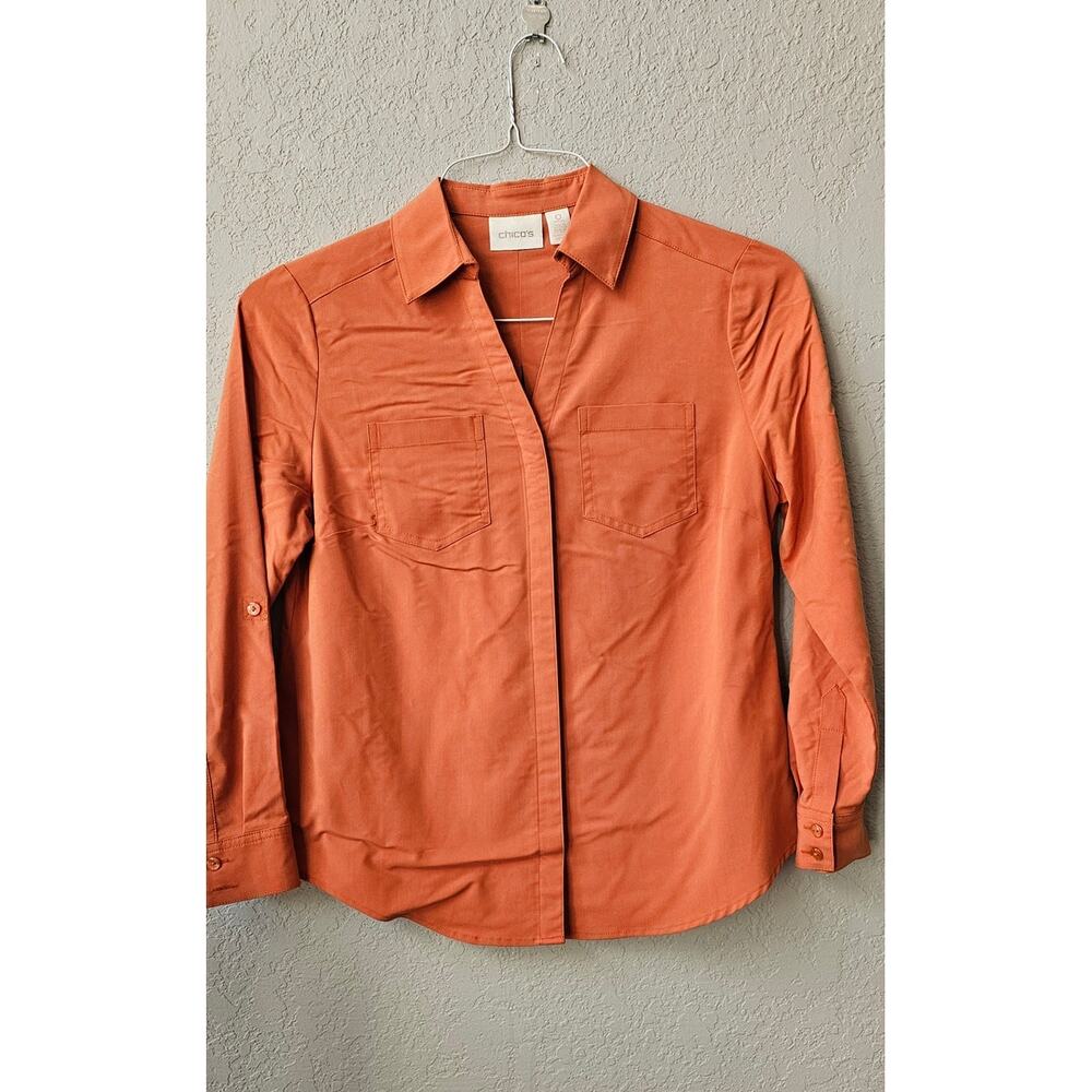 Chico's Silky Soft Relaxed Button Down Shirt Women Size 0 Small Petite Orange